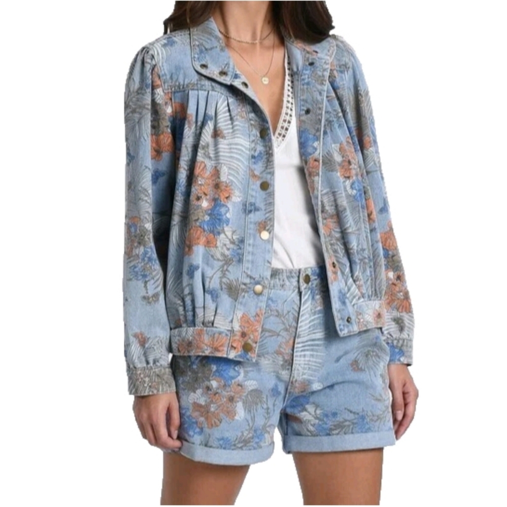 Molly Bracken Denim Floral Print Jacket Women's Medium Pleated Floral‎ NWOT